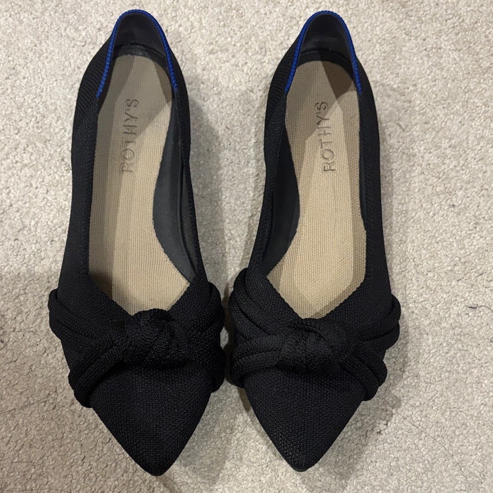 Rothy's Black Pointed Knot Flats with Blue Trim